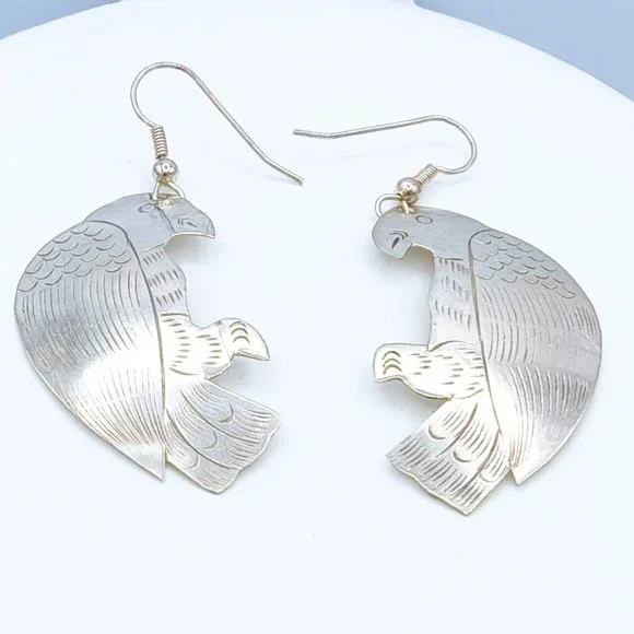 Vintage Silver Etched Bird Hawk Dangle Earrings - Picture 8 of 12